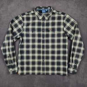 Indian Motorcycle Flannel Shirt Mens Medium Navy Green Plaid Twin Pocket Button